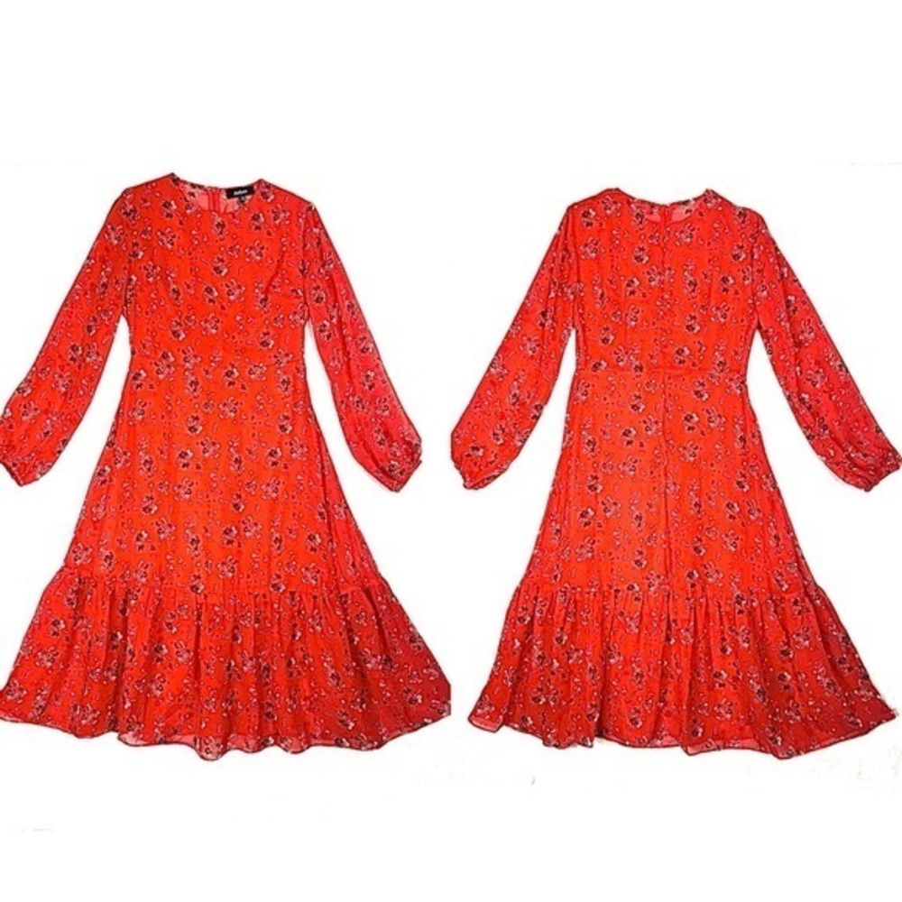 Aakaa Ruffle Hem Red Floral Long Puff Sleeve Midi Dress